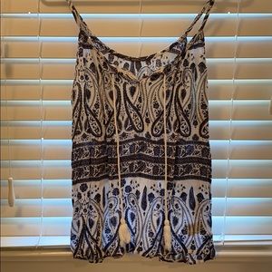 SOLD Blue and white patterned tank top with tassels